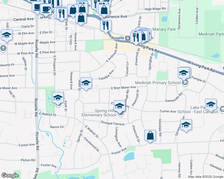 map of restaurants, bars, coffee shops, grocery stores, and more near 403 East Bryn Mawr Avenue in Roselle