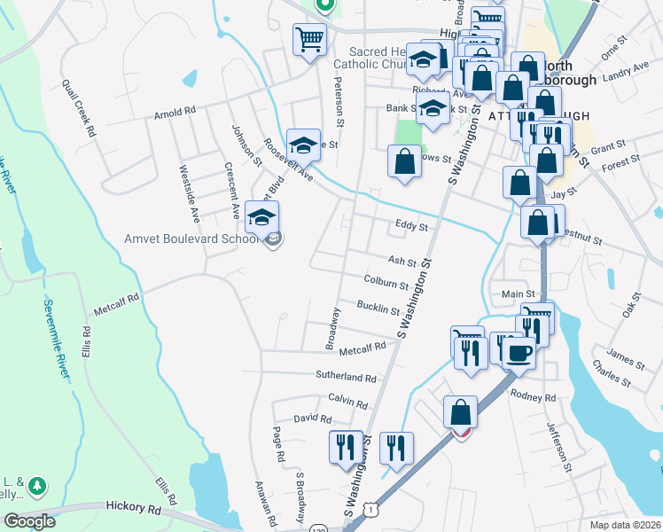 map of restaurants, bars, coffee shops, grocery stores, and more near 60 Broadway in North Attleborough