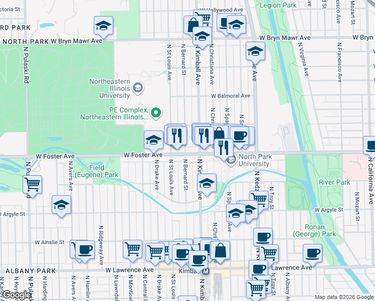 map of restaurants, bars, coffee shops, grocery stores, and more near 3412 West Foster Avenue in Chicago
