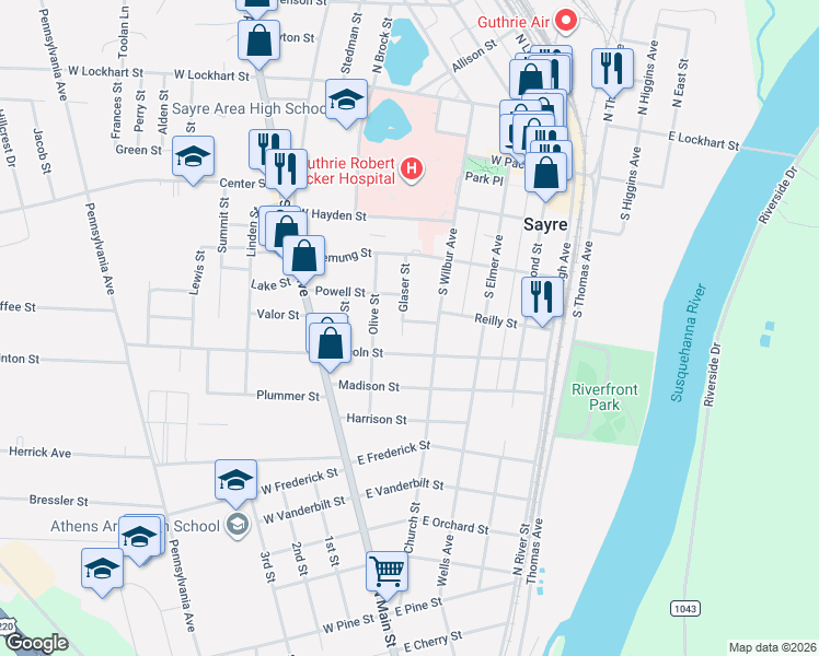 map of restaurants, bars, coffee shops, grocery stores, and more near 211-225 Glaser Street in Sayre