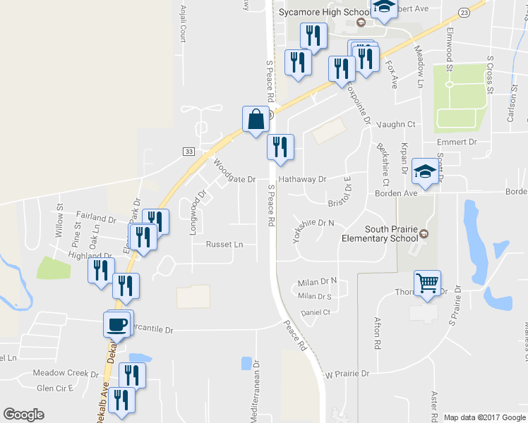 map of restaurants, bars, coffee shops, grocery stores, and more near 1550 Pebblewood Drive in Sycamore