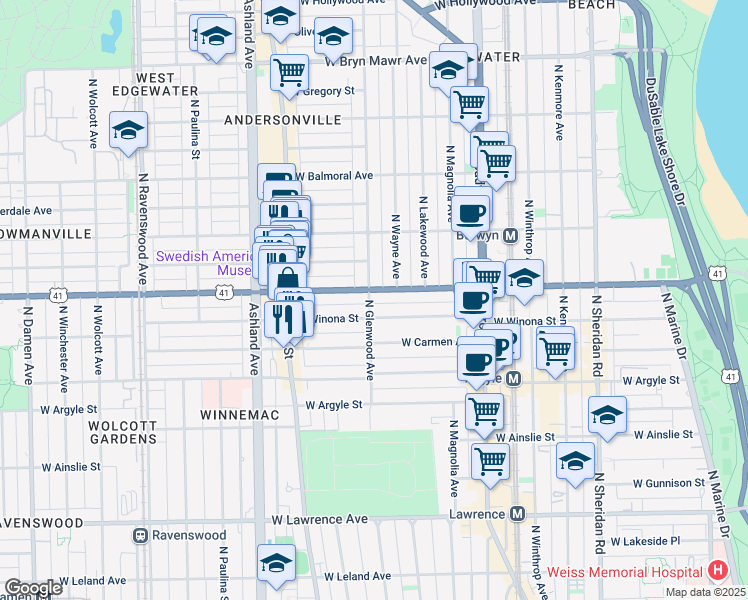 map of restaurants, bars, coffee shops, grocery stores, and more near 5145 North Glenwood Avenue in Chicago
