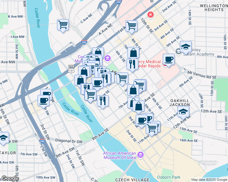 map of restaurants, bars, coffee shops, grocery stores, and more near 309 5th Avenue Southeast in Cedar Rapids