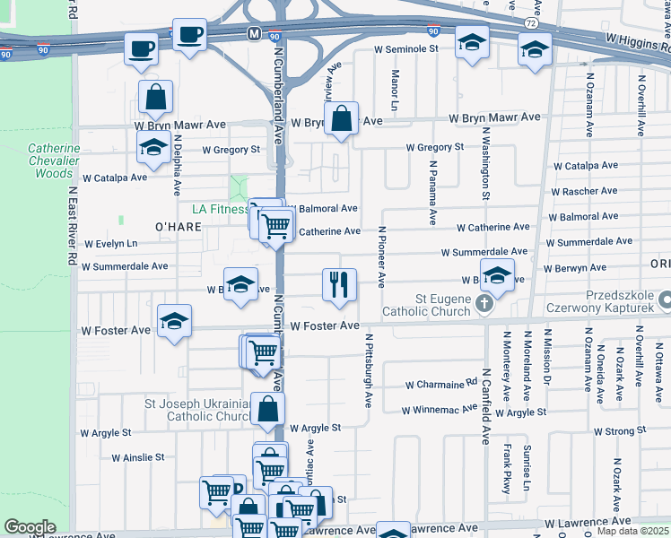 map of restaurants, bars, coffee shops, grocery stores, and more near 8300 West Berwyn Avenue in Chicago