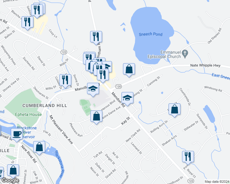 map of restaurants, bars, coffee shops, grocery stores, and more near 3291 Mendon Road in Cumberland