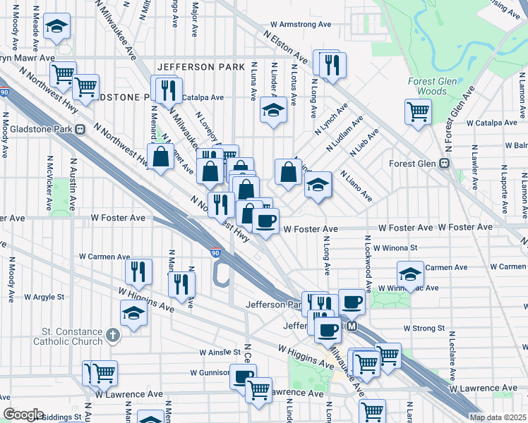 map of restaurants, bars, coffee shops, grocery stores, and more near 5504 West Gettysburg Street in Chicago