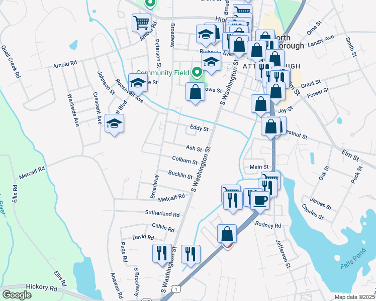 map of restaurants, bars, coffee shops, grocery stores, and more near 36 Ash St in North Attleborough