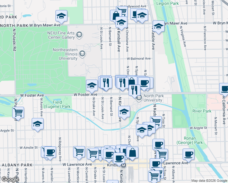 map of restaurants, bars, coffee shops, grocery stores, and more near 5200 North Kimball Avenue in Chicago
