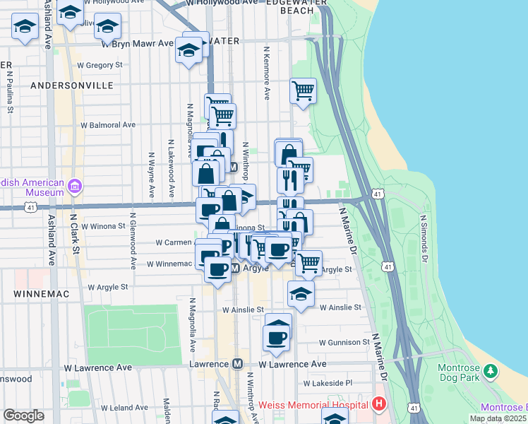 map of restaurants, bars, coffee shops, grocery stores, and more near 1049w West Foster Avenue in Chicago