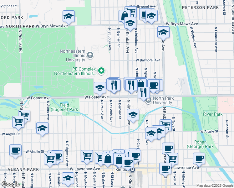 map of restaurants, bars, coffee shops, grocery stores, and more near 3446 West Foster Avenue in Chicago
