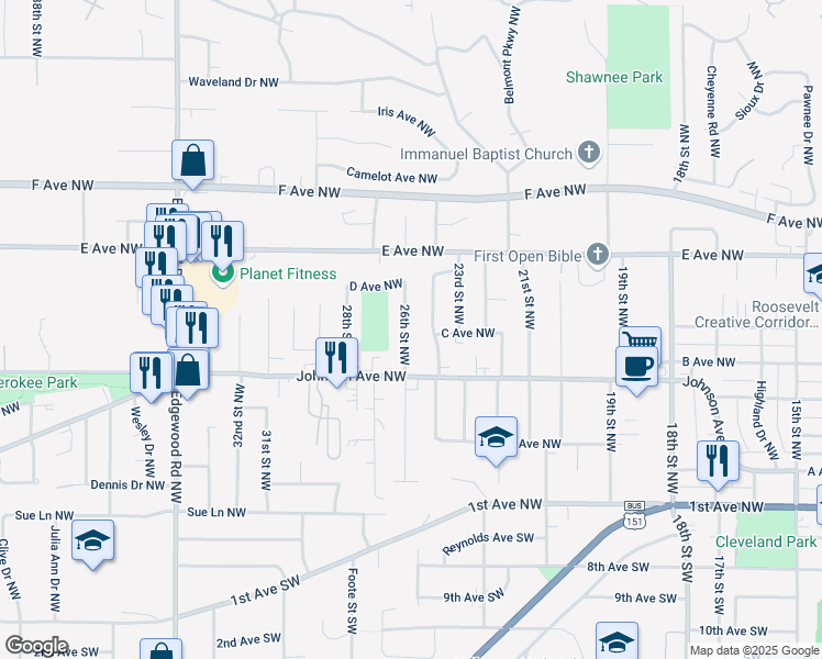 map of restaurants, bars, coffee shops, grocery stores, and more near 349 26th Street Northwest in Cedar Rapids