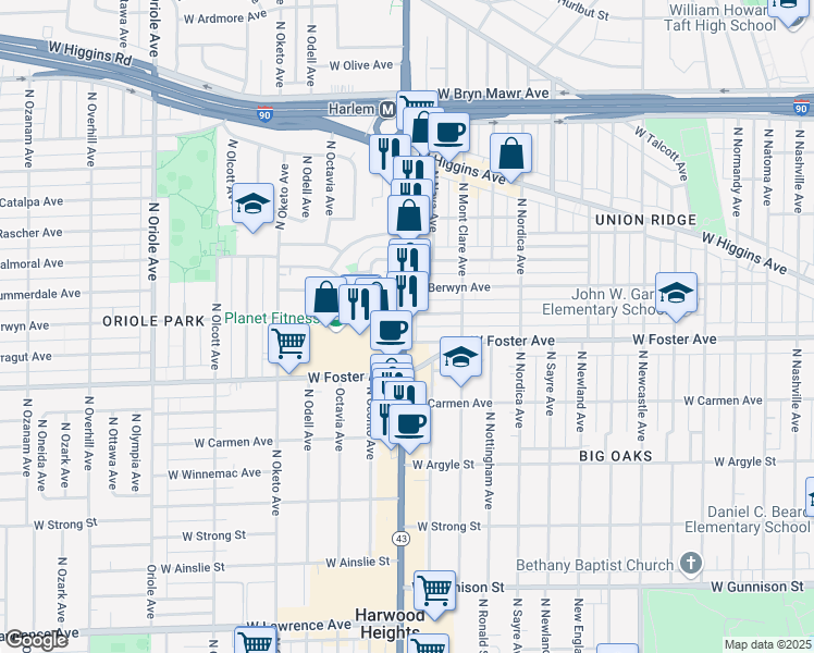 map of restaurants, bars, coffee shops, grocery stores, and more near 5215 North Harlem Avenue in Chicago