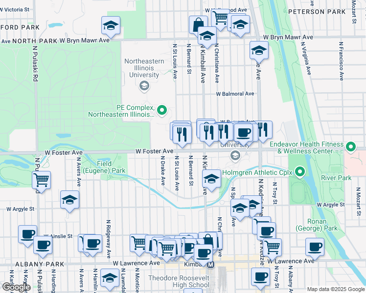 map of restaurants, bars, coffee shops, grocery stores, and more near 3446 West Foster Avenue in Chicago