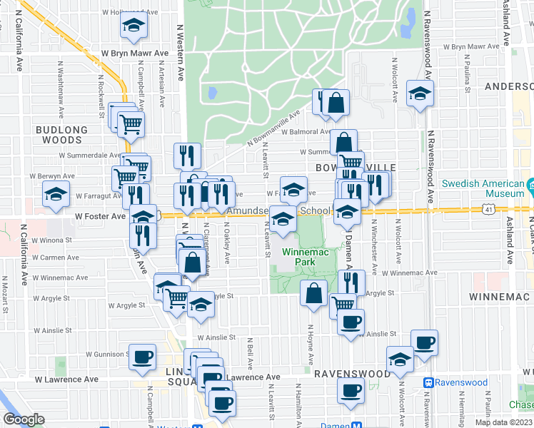 map of restaurants, bars, coffee shops, grocery stores, and more near West Foster Avenue & North Leavitt Street in Chicago