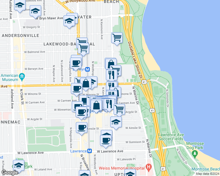 map of restaurants, bars, coffee shops, grocery stores, and more near 5120 North Sheridan Road in Chicago