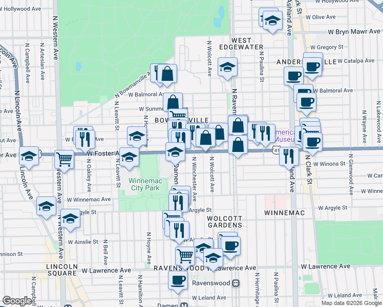 map of restaurants, bars, coffee shops, grocery stores, and more near 1930 West Foster Avenue in Chicago