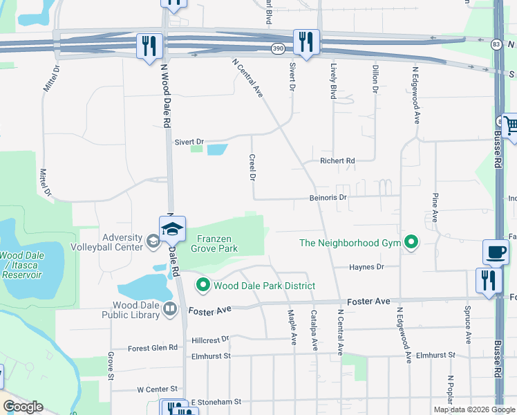 map of restaurants, bars, coffee shops, grocery stores, and more near 238 Beinoris Drive in Wood Dale