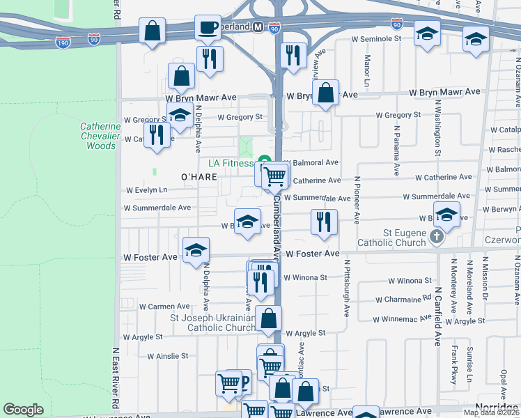 map of restaurants, bars, coffee shops, grocery stores, and more near 5306 North Cumberland Avenue in Chicago
