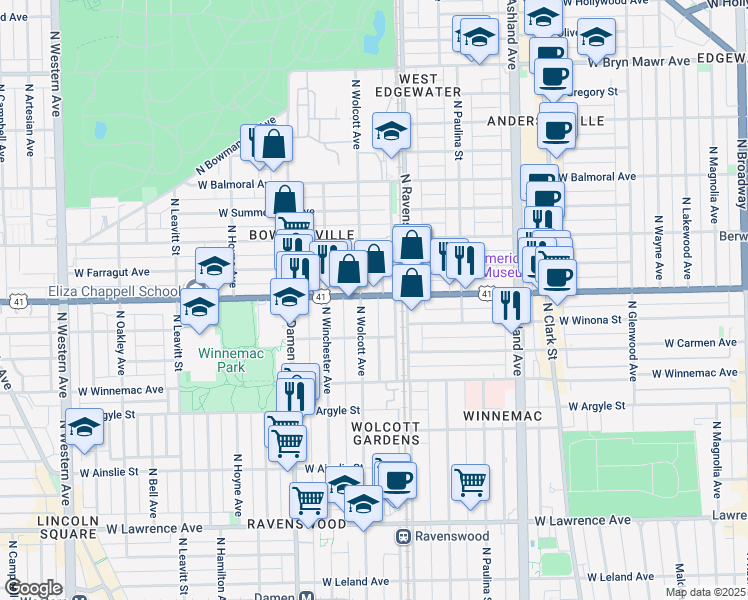 map of restaurants, bars, coffee shops, grocery stores, and more near 1825 West Foster Avenue in Chicago