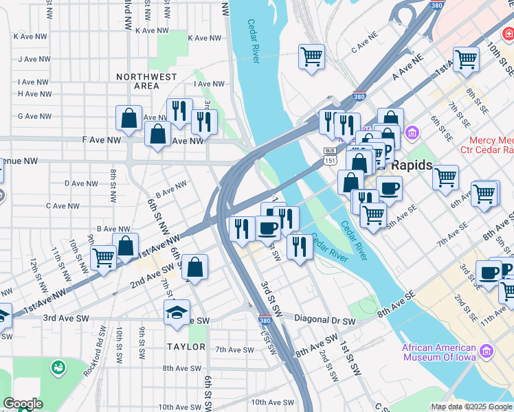 map of restaurants, bars, coffee shops, grocery stores, and more near 129 1st Avenue Southwest in Cedar Rapids