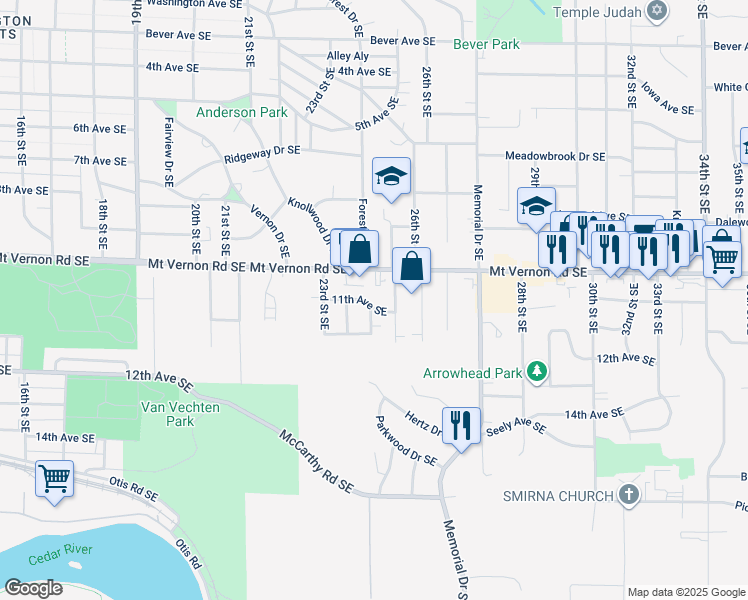 map of restaurants, bars, coffee shops, grocery stores, and more near 2440 11th Avenue Southeast in Cedar Rapids
