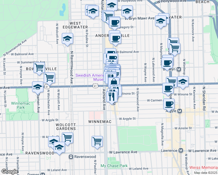 map of restaurants, bars, coffee shops, grocery stores, and more near 5161 North Ashland Avenue in Chicago