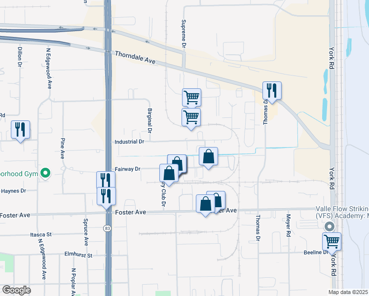 map of restaurants, bars, coffee shops, grocery stores, and more near 880 Industrial Drive in Bensenville