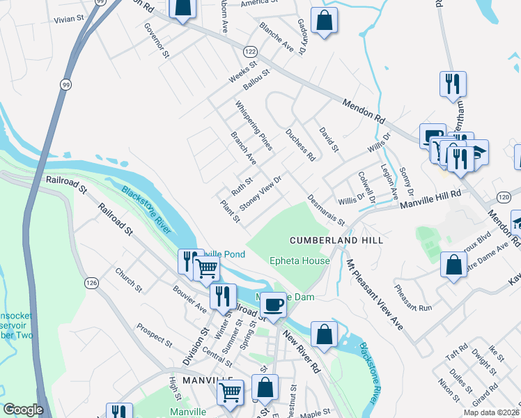 map of restaurants, bars, coffee shops, grocery stores, and more near 31 Morning Glory Road in Cumberland