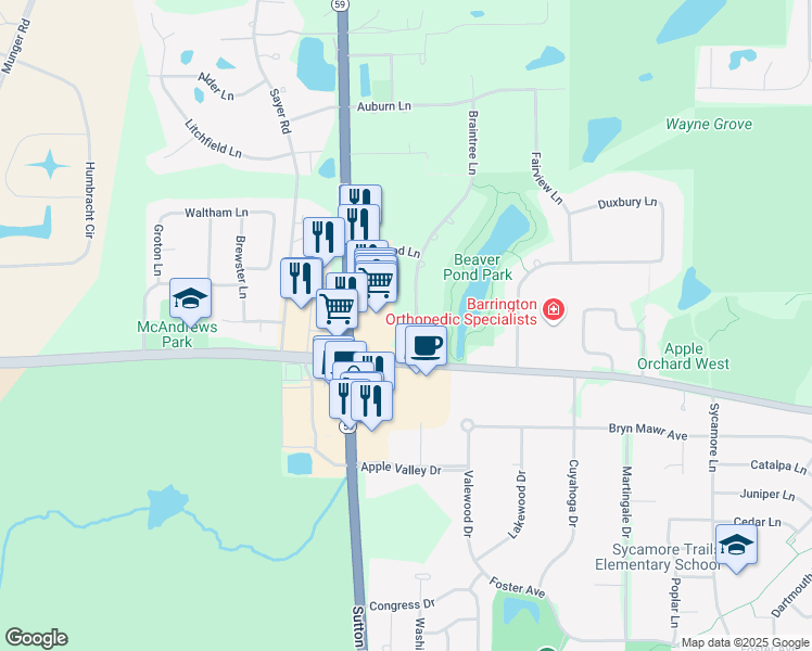 map of restaurants, bars, coffee shops, grocery stores, and more near 868 Braintree Lane in Bartlett