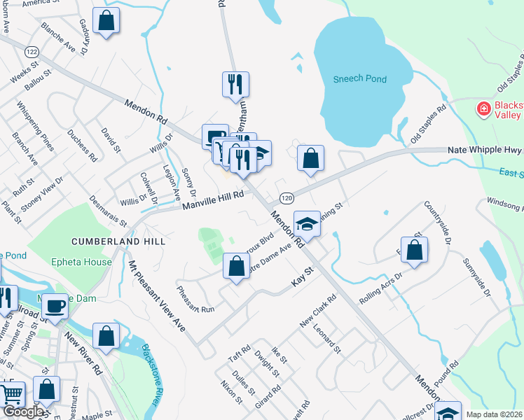 map of restaurants, bars, coffee shops, grocery stores, and more near 205 Manville Hill Road in Cumberland