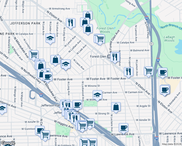 map of restaurants, bars, coffee shops, grocery stores, and more near 5225 North Latrobe Avenue in Chicago