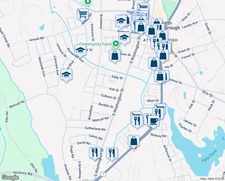 map of restaurants, bars, coffee shops, grocery stores, and more near 36 Ash Street in North Attleborough