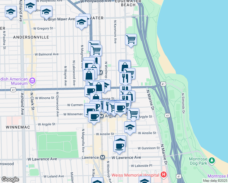 map of restaurants, bars, coffee shops, grocery stores, and more near 1049w West Foster Avenue in Chicago