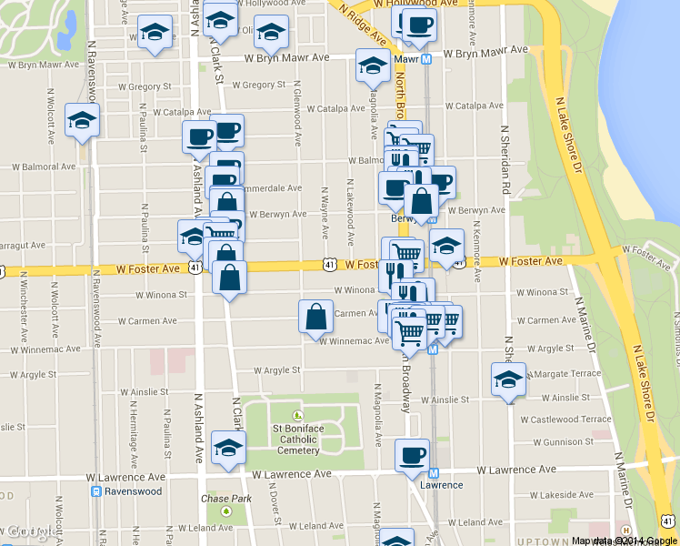 map of restaurants, bars, coffee shops, grocery stores, and more near 1315 West Foster Avenue in Chicago