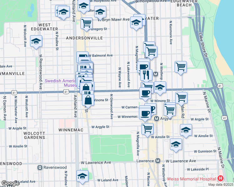 map of restaurants, bars, coffee shops, grocery stores, and more near 5145 North Glenwood Avenue in Chicago