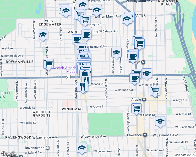 map of restaurants, bars, coffee shops, grocery stores, and more near 1433 West Foster Avenue in Chicago