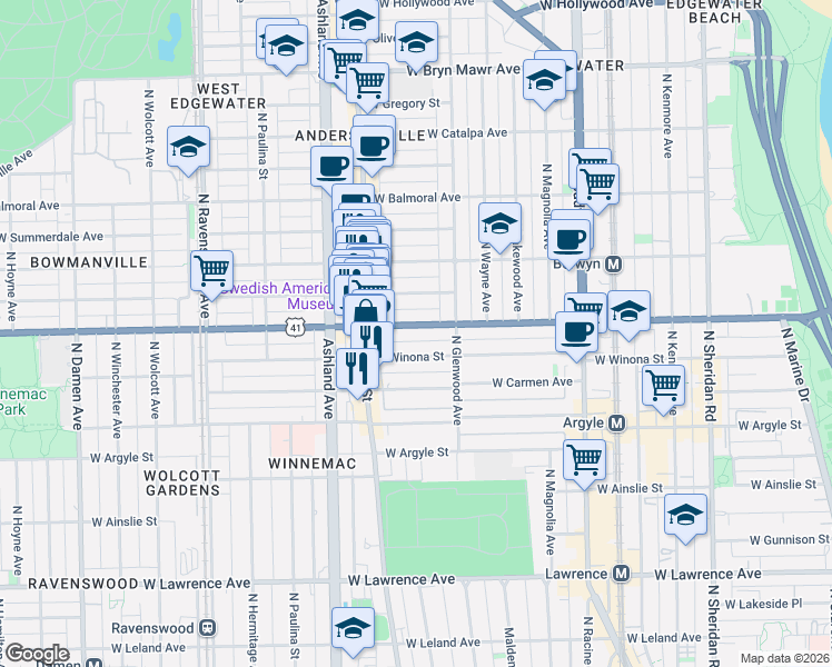 map of restaurants, bars, coffee shops, grocery stores, and more near 1433 West Foster Avenue in Chicago