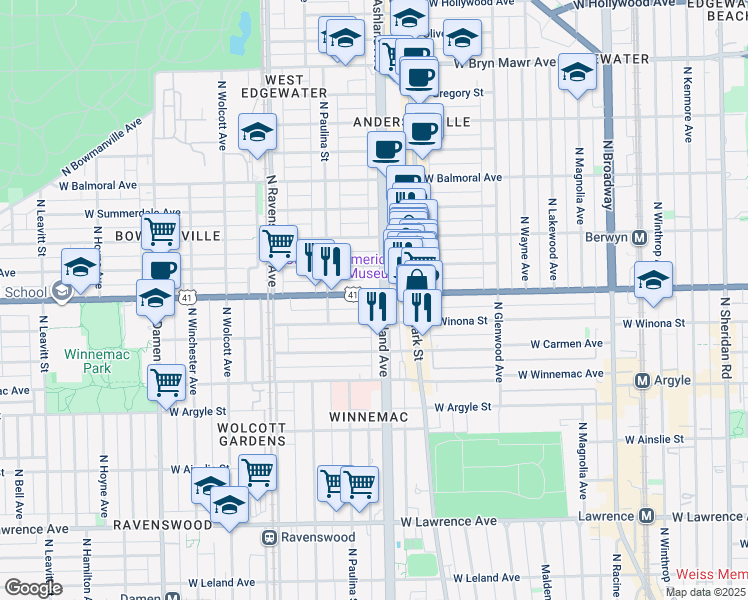map of restaurants, bars, coffee shops, grocery stores, and more near 1619 West Foster Avenue in Chicago