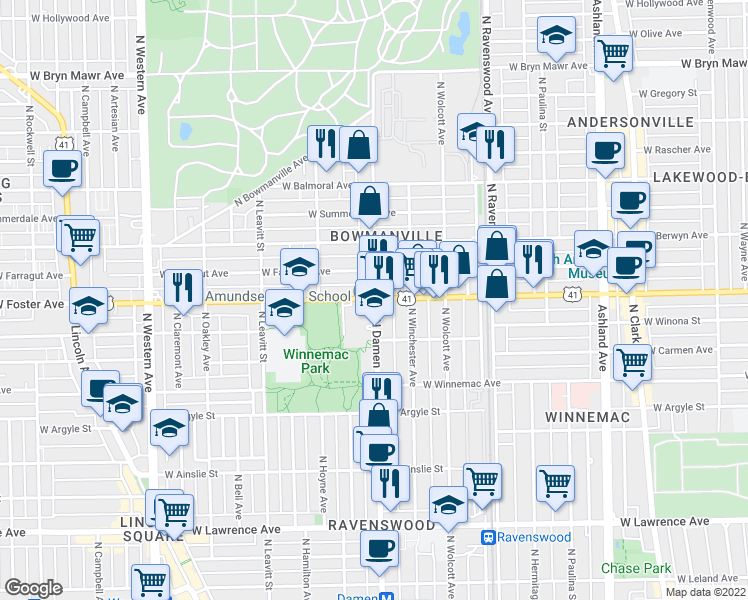 map of restaurants, bars, coffee shops, grocery stores, and more near in Chicago