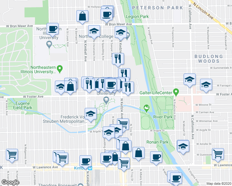 map of restaurants, bars, coffee shops, grocery stores, and more near 3210 West Foster Avenue in Chicago