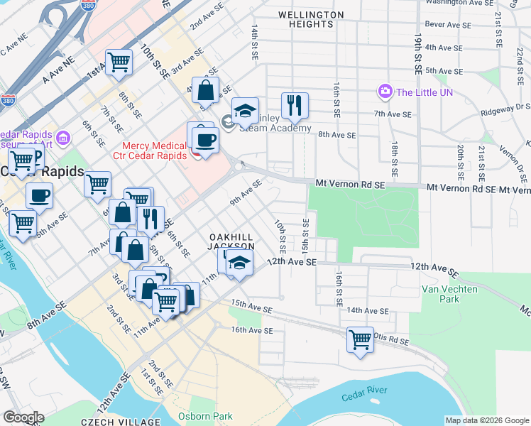 map of restaurants, bars, coffee shops, grocery stores, and more near 1006 10th Street Southeast in Cedar Rapids