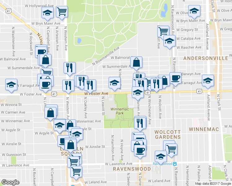 map of restaurants, bars, coffee shops, grocery stores, and more near 2100-2164 U.S. Route 41 in Illinois in Chicago