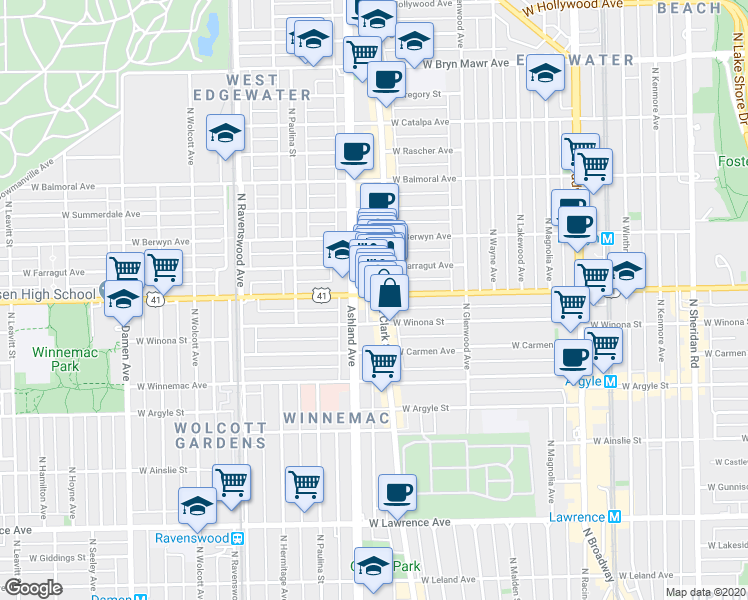 map of restaurants, bars, coffee shops, grocery stores, and more near 1509 West Foster Avenue in Chicago