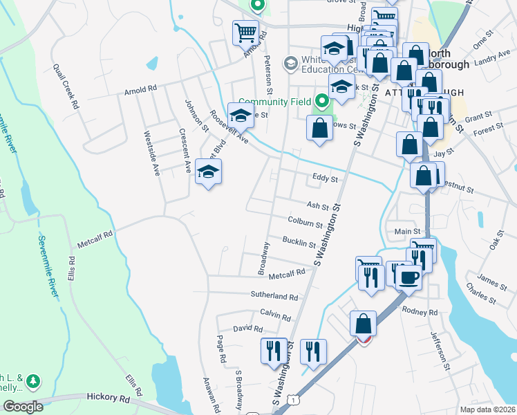 map of restaurants, bars, coffee shops, grocery stores, and more near 60 Broadway in North Attleborough