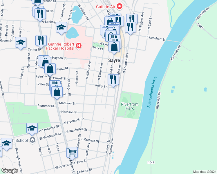 map of restaurants, bars, coffee shops, grocery stores, and more near 97 Reilly Street in Sayre
