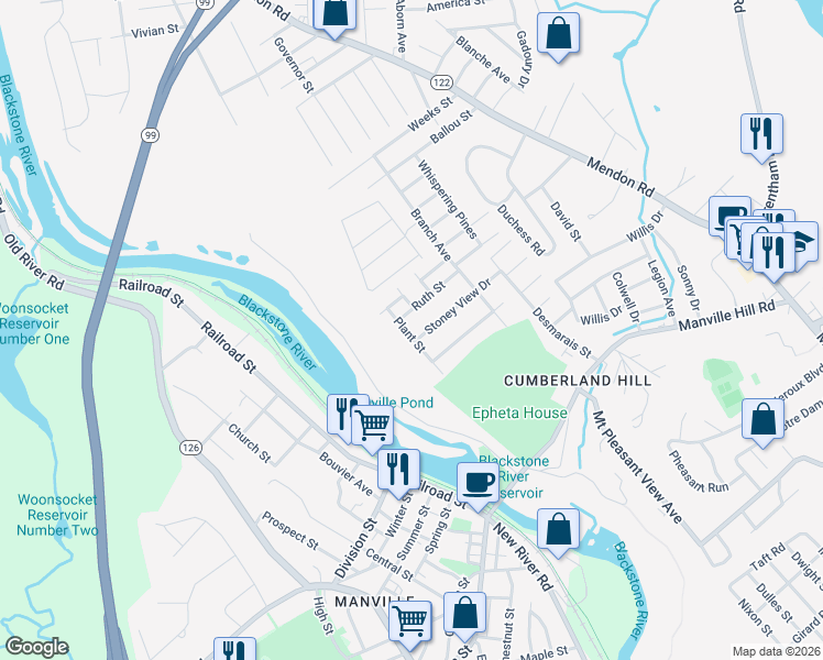 map of restaurants, bars, coffee shops, grocery stores, and more near 14 Plant Street in Cumberland
