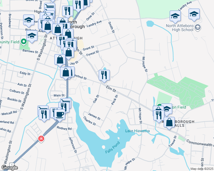 map of restaurants, bars, coffee shops, grocery stores, and more near 290 Elm Street in North Attleborough