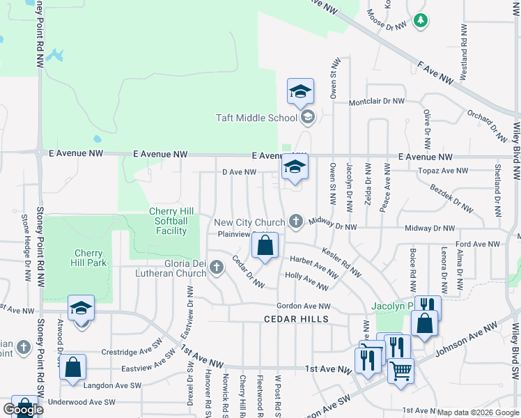 map of restaurants, bars, coffee shops, grocery stores, and more near 340 Carter Street Northwest in Cedar Rapids