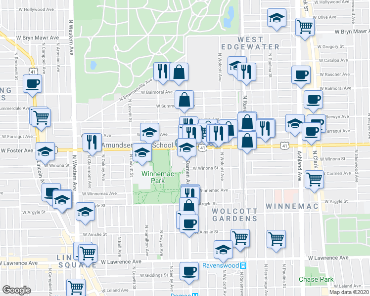 map of restaurants, bars, coffee shops, grocery stores, and more near 2004 West Foster Avenue in Chicago