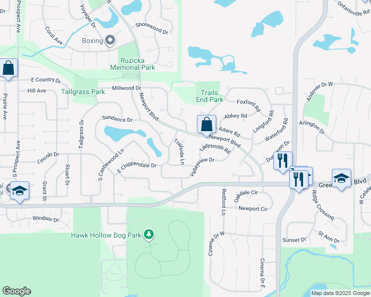 map of restaurants, bars, coffee shops, grocery stores, and more near 971 Trailside Lane in Bartlett